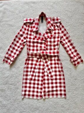 Norma Kamali plaid check trench coat red size Medium